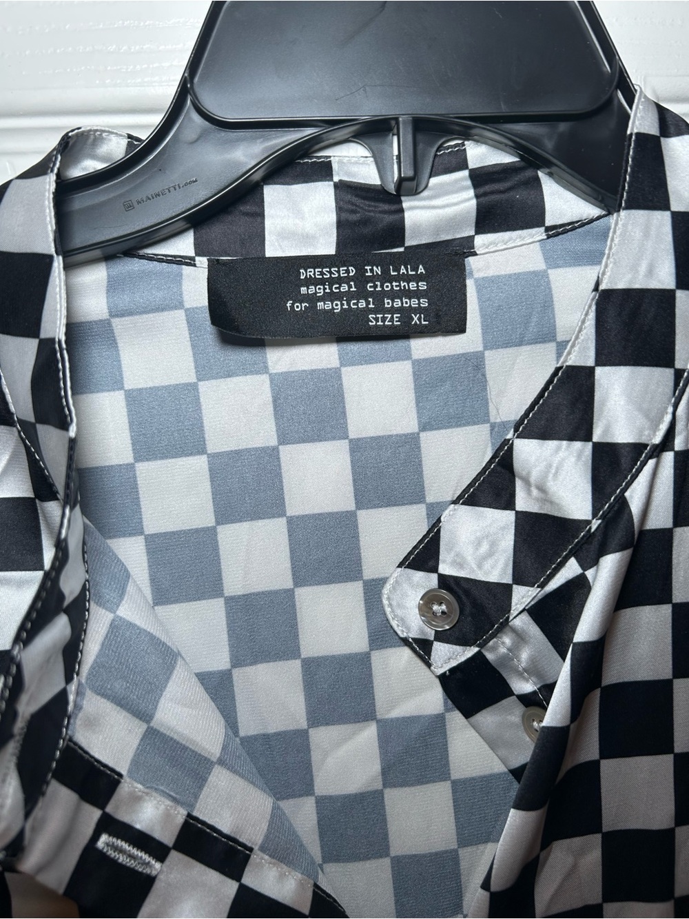 Dressed in LALA Black and White Checkerboard Satin Button-Up Shirt - Picture 3 of 5